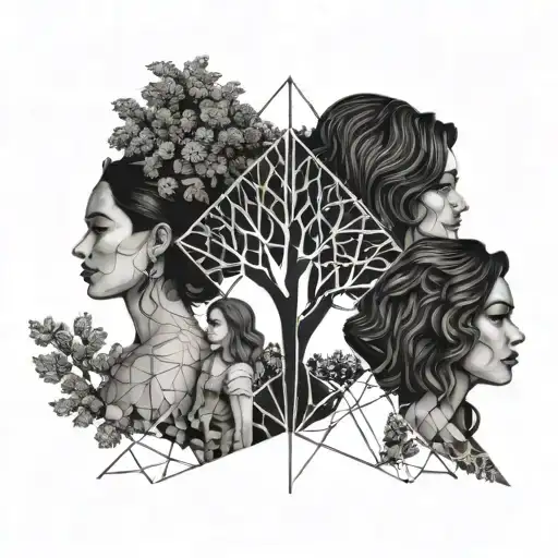 Woman And Three Little Daughters And A Tree Behind Them