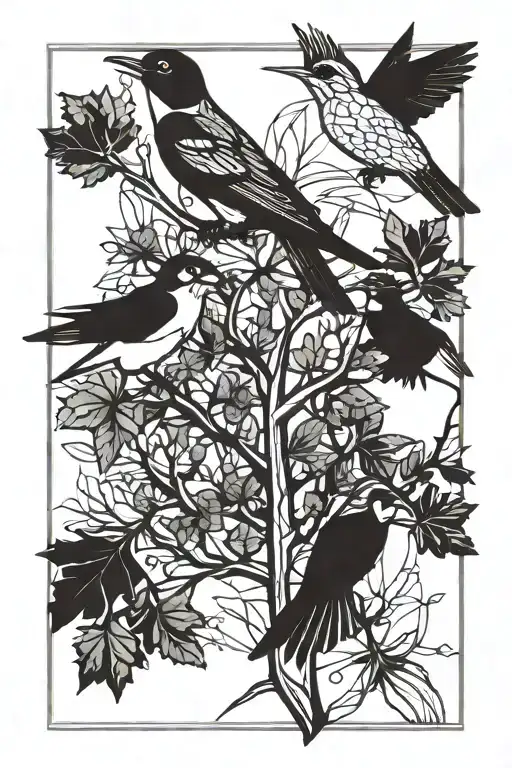 Oak Tree And Swallow Birds