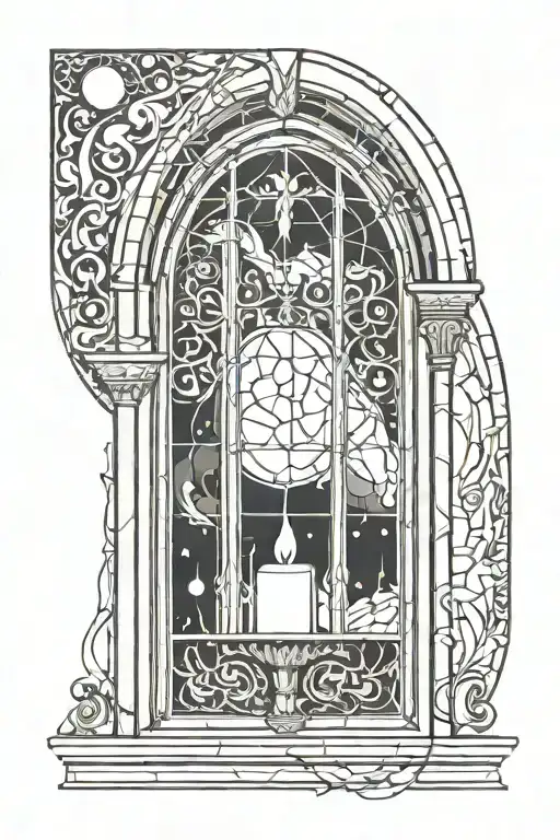 Arched Window With Candle Burning And Moon Outside