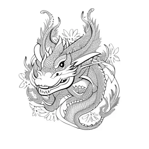 Traditional Feminine Dragon With Flowers In An Invisible Border Shaped Like A Vertical Rectangle