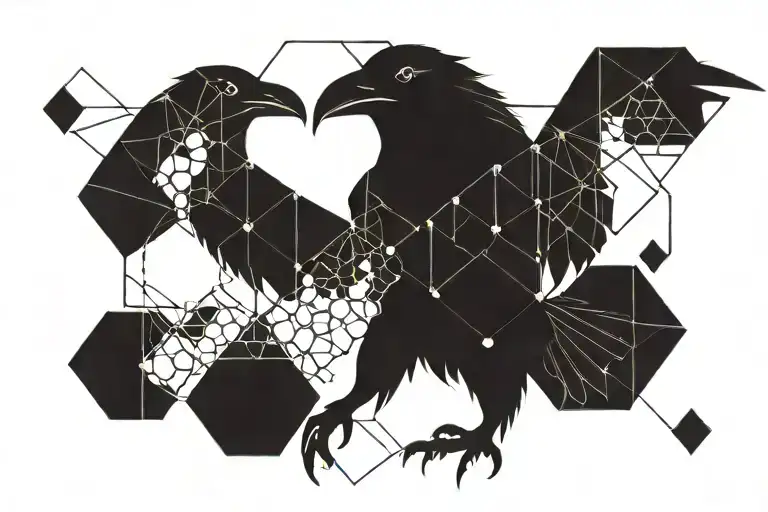 Front View Of A Raven Flying With A Honeycomb Design Behind It