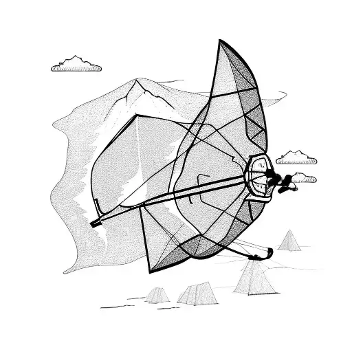 A Detailed Sketch Of A Paraglider Flying Over A Mountain Range With A Running Track Below