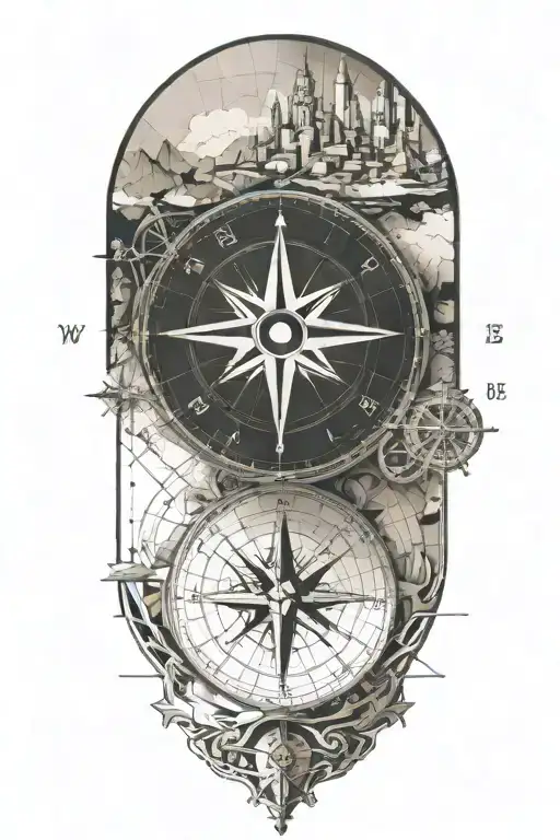 Compass And Map Featuring European Landmarks