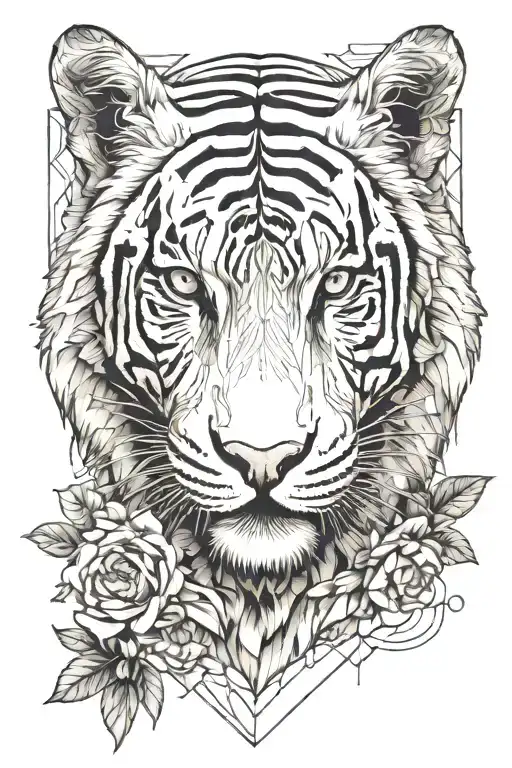 White Tiger And Flowers Surrounding