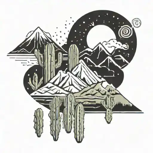 Cactus Sun Moon Mountain Scene
