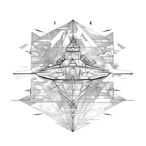 An Old Battleship In Furios Ocean Waves With Combining A Geometric Triangle Around The Picture