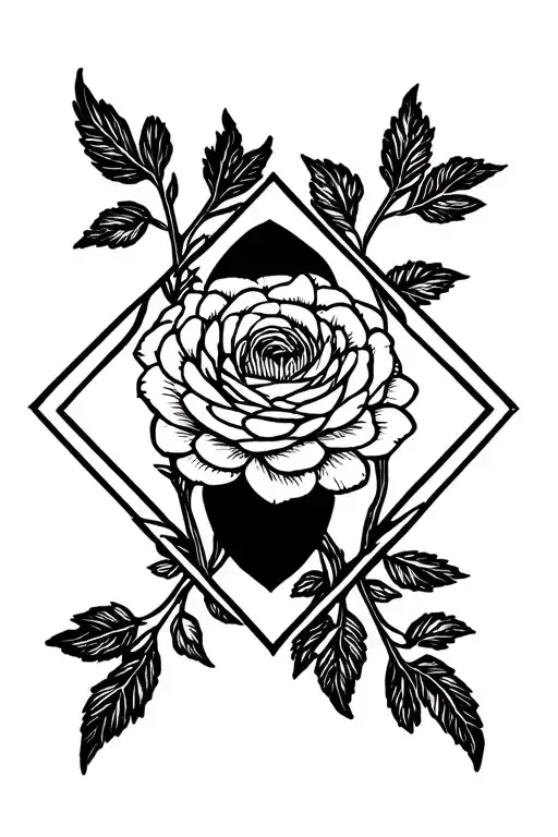 Chrysanthemum And Rose In A Diamond Shaped Line Outlining