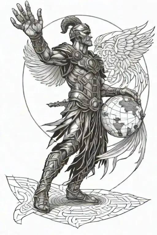 Gladiator Holding A Globe In His Right Hand While Looking At A Fire Phoenix