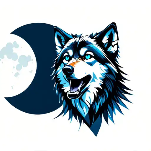 Wolf With Blue Eyes Howling At The Moon In Background