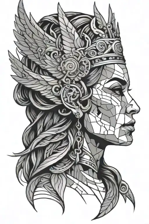 Full Face Face Of A Valkyrie With A Crown And Wings In The Style