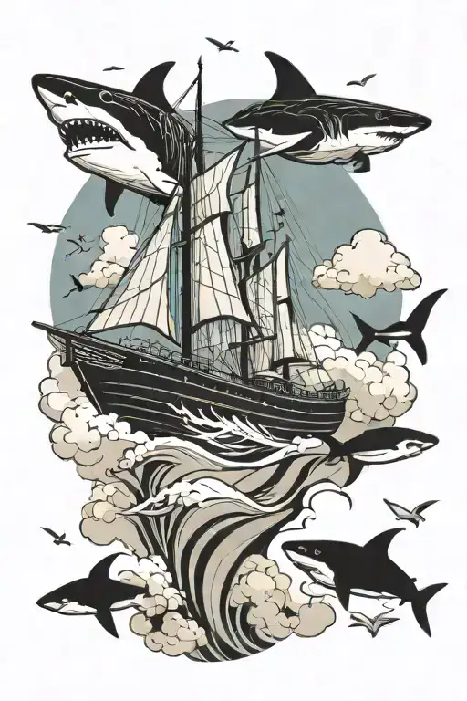 Ship Sailing With Shark With Clouds In Background