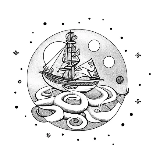 Ship With Moon With Octopus