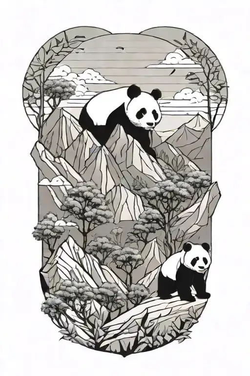 Minamilist Geometric Mountains With Panda And Olive Tree