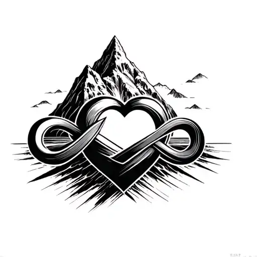 Heart With Infinite Logo Combined Together With Thick Lined Mountain Behind It