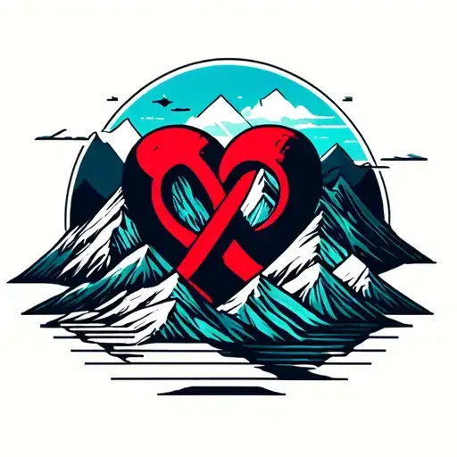 Heart With Infinite Logo Combined Together With Thick Lined Mountain Behind It