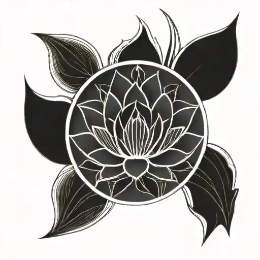Ying Yang Symbol With Lotus On Top Simple Line Art