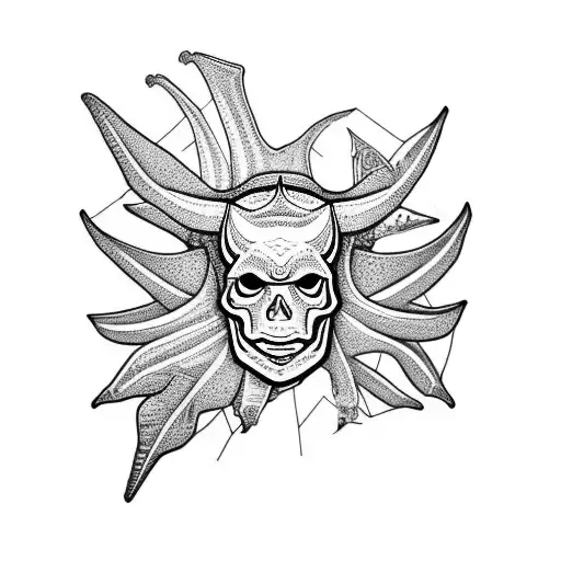 Skull Of A Triceratops With Monstera Leaves And An Egyptian Winged Beetle