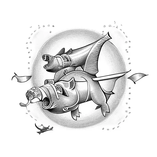 Two Jets A Pig Riding A Dolphin A Rugby Field And A Pirate Flag