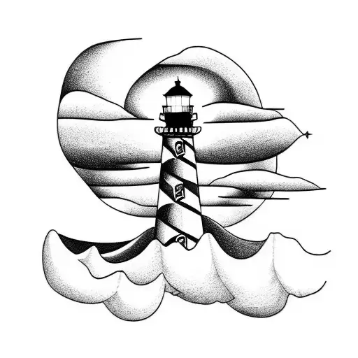 Black And White Lighthouse With Waves And Clouds And Mountains