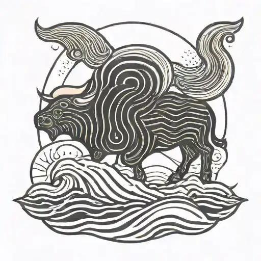 A Minimalist Tattoo Of A Sunset Over The Ocean With A Taurus Symbol Incorporated Into The Waves