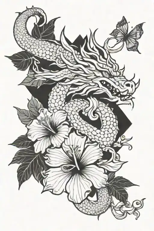 Non Japanese Dragon And Hibiscus Flower