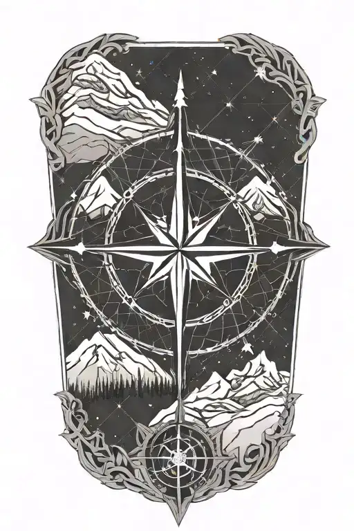 A Geometric Compass Rose And Snowy Mountain