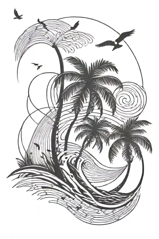 Beach Palm Tree Waves Flowing Birds Flying Towards The Sun