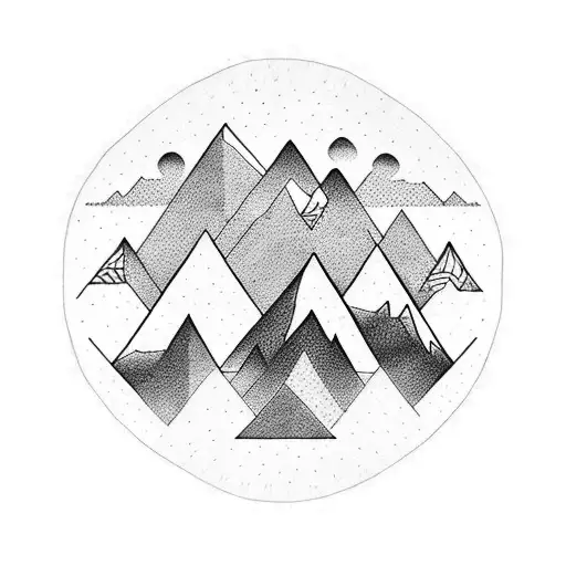 A Dotwork Tattoo Depicting A Geometric Representation Of A Mountain Landscape With Blooming Flowers