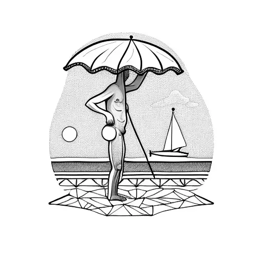 Nudist Man Under A Beach Umbrella