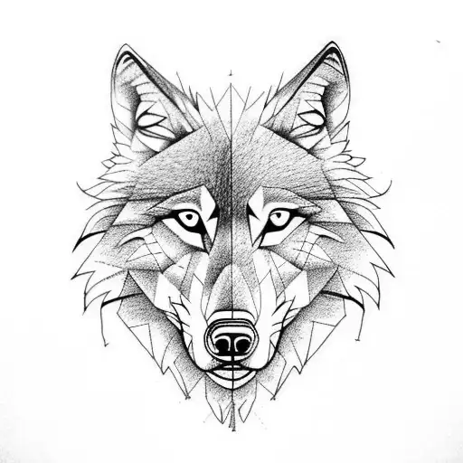 Wolf Head Left Half Realistic And Right Half Line Abstract