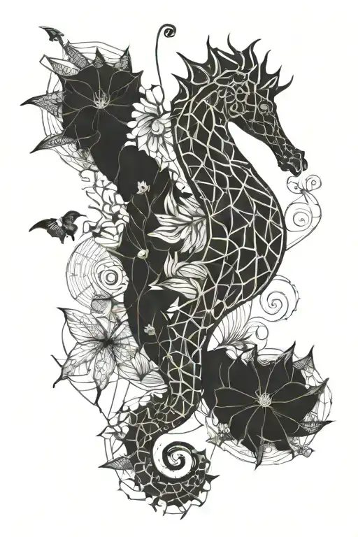 Seahorse With The Lotus Flower Blooming Surrounded By Butterflies