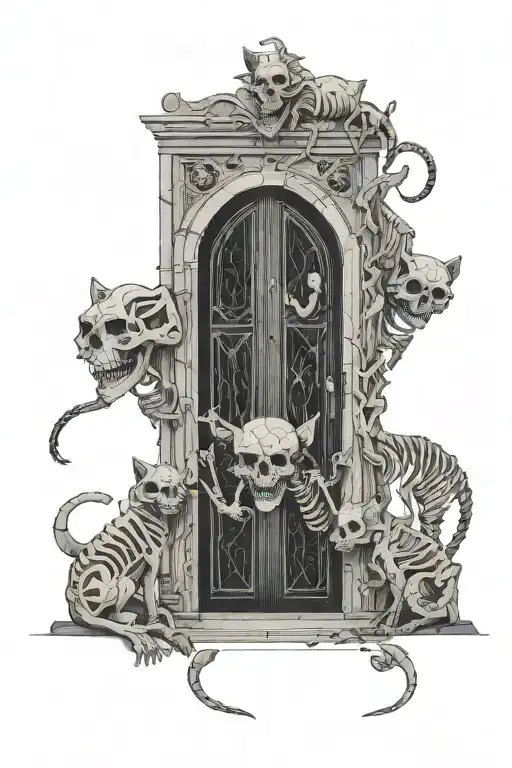 Giant Open Door Straight From Hell With Skeleton Details And Skeletons And Skeleton Cats