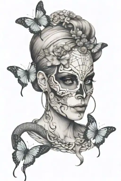 Half Skull Woman Face With Taurus Symbol Butterflies And Snakes