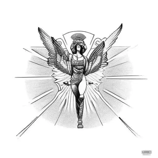 A Tattoo Depicting Greek Goddess Nike In A Victorious Pose With A Hummingbird Flying Around Her