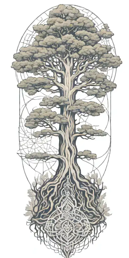 Sequoia Tree Growing With Roots And A Hindu Crown Surrounded