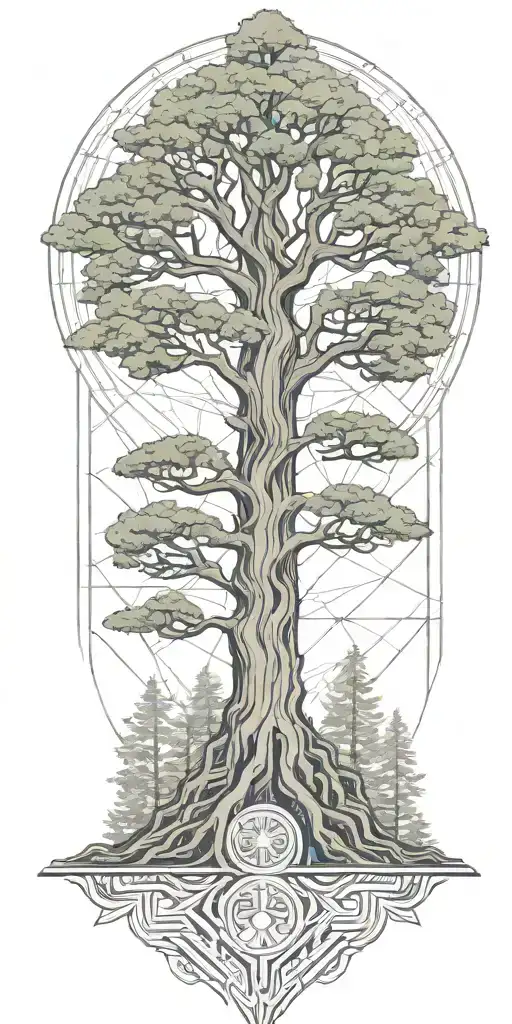 Sequoia Tree Growing With Roots And A Hindu Crown Surrounded