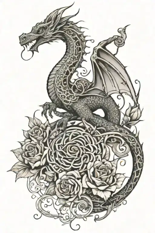 Dragon With The Date 2007 And Roses And Butterflies Surrounding
