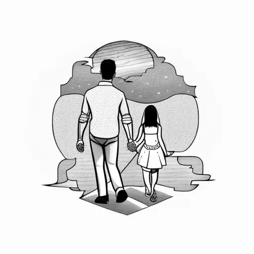 Father And Daughter Walking Into Sunset