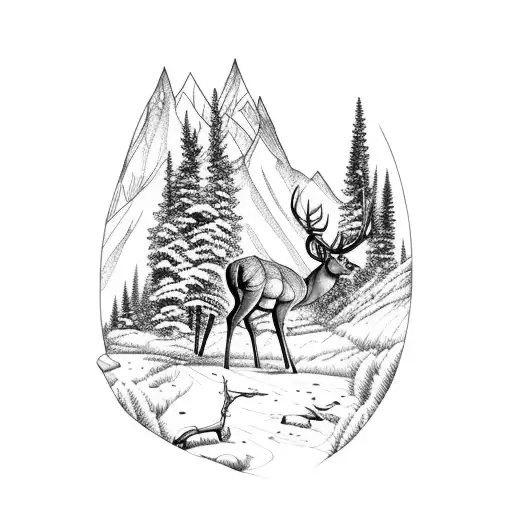 Mountain With Deer And Chamoise And Hunting Rifle And A Lotnof Trees