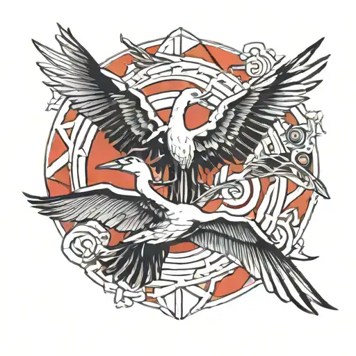 Fan Two Cranes Flying With Red Sun