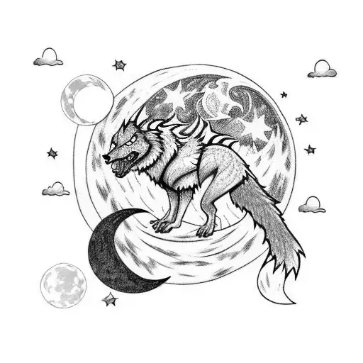 A Wolf Fighting A Dragon Under The Moon At Night Infront Of A Forest