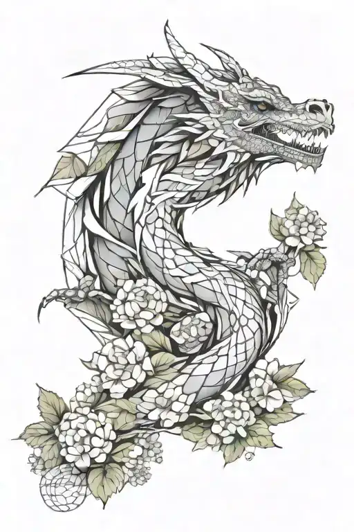 Full Body Of Dragon And Hydrangea Blossom Flowers