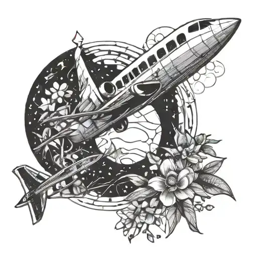 Airplane And Moon With Flowers
