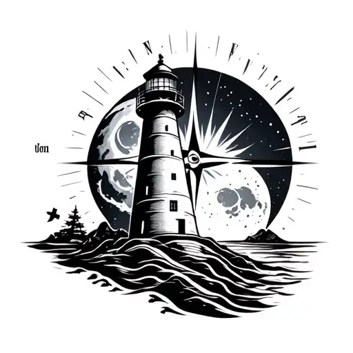 Lighthouse On The Background Of The Moon And The Sun With A Ray Of Light Compass