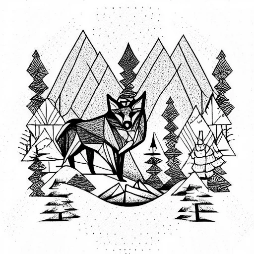 Forest With Mountains And River And Wolf