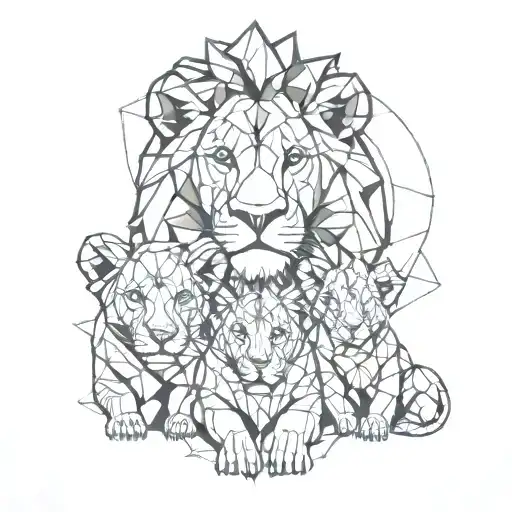 Mom Lion With Three Cubs Face Only