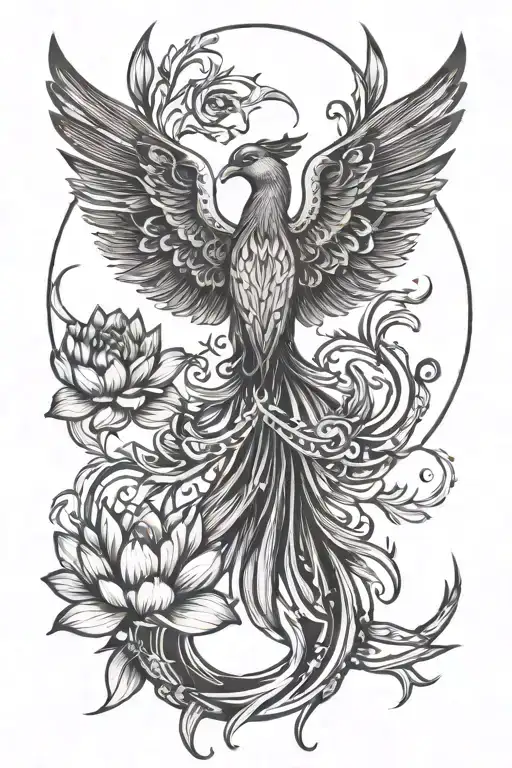 Phoenix Rising From Lotus Flower Feature Delicate Ribbons Fine Line Detail