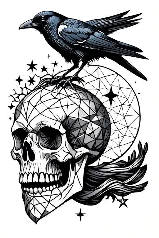 Crow Perched Atop Skull With Moon And Stars Intertwined