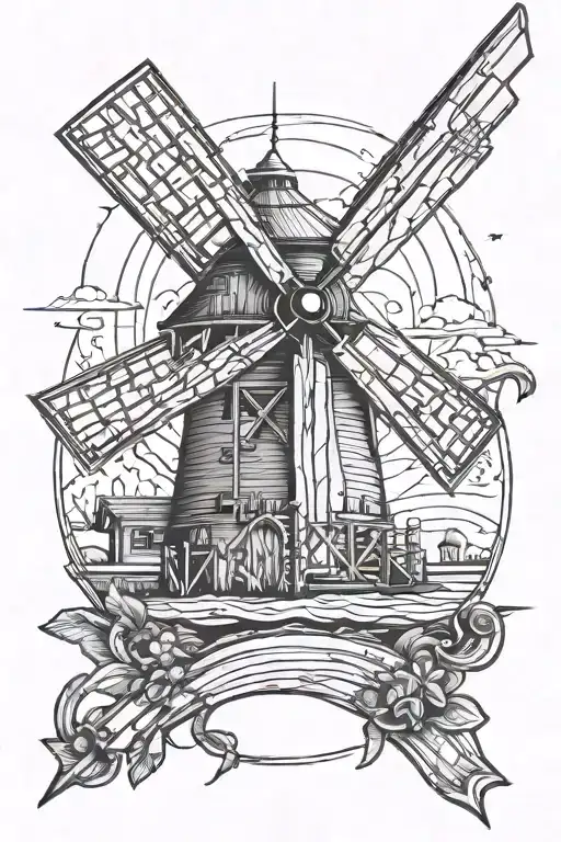 Farm Windmill With Pocket Knife And Fishing Rod Casting A Line