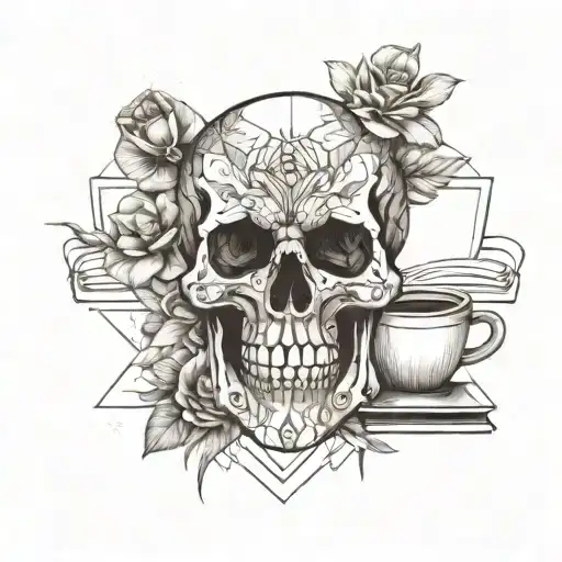 Skull Drinking Coffee With Flowers And Books